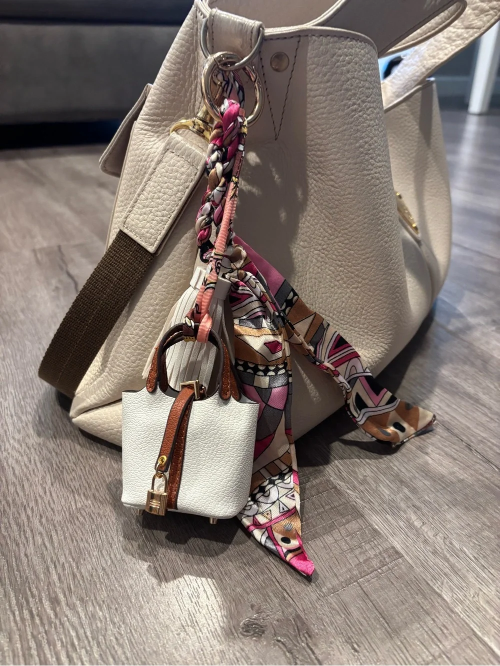 Mini Handbag Keychain Charm with Twilly Scarf & Tassel – White